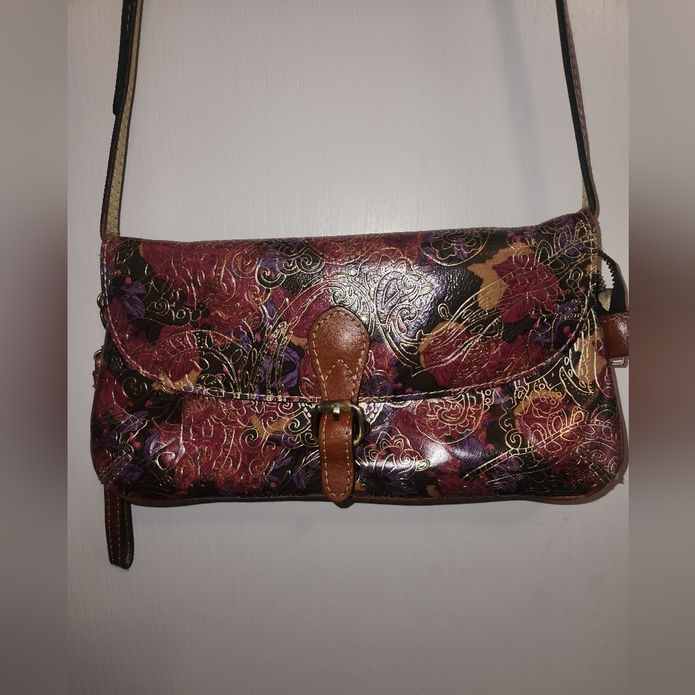Patricia Nash Italian Leather Floral w/Gold Detail Shoulder Crossbody Bag